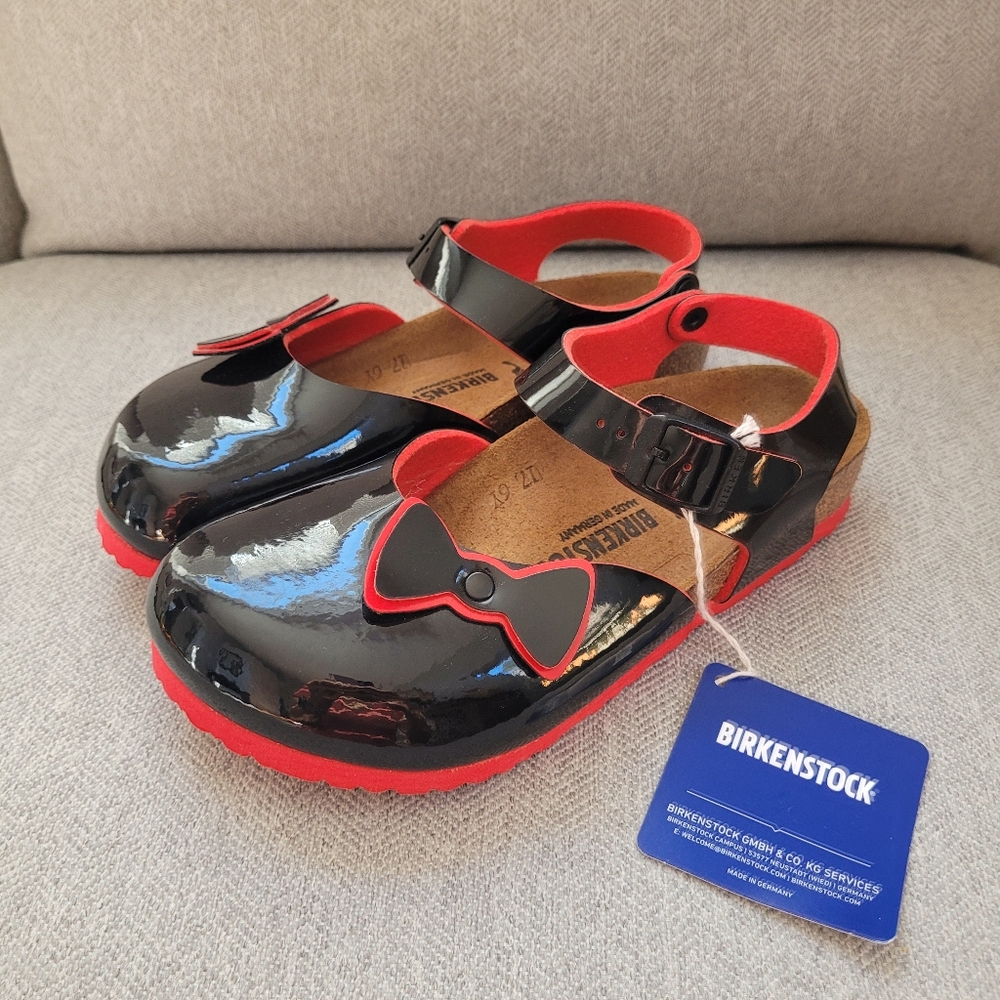 NWT Birkenstock Kids Sz 33 US 2-2.5 Black and Red Bow Shoes